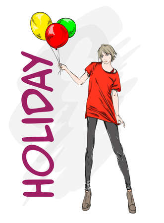 Hand drawn beautiful young woman in red t shirt. Stylish girl with colorful balloons. Fashion woman look. Sketch. Vector illustration.のイラスト素材