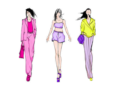 Young beautiful woman in stylish clothes. Sale concept. Hand-drawn fashion illustrationのイラスト素材