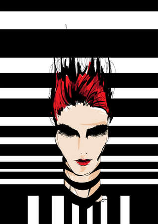 Woman with red hair on a striped background. Fashion illustration. Vector illustration for a card, posterr, print on clothes.のイラスト素材
