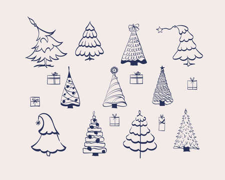 Christmas tree hand drawn illustrations. Vector. Vector Christmas Tree Iconsのイラスト素材
