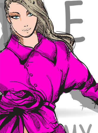 Young beautiful woman in stylish clothes. Sale concept. Hand-drawn fashion illustration