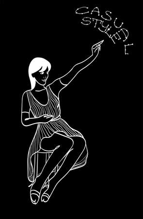 Girl in a long dress. line drawing. sketch art. White drawing on a Black background. fashionable vector illustration.のイラスト素材
