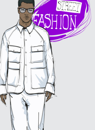 fashion man. Sketch of a fashion man in a jacket on a white background. autumn man. street styleのイラスト素材