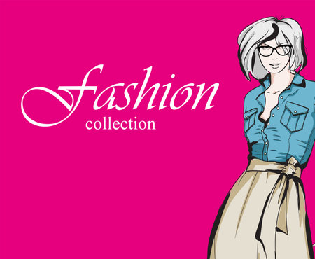 Beautiful young girl in stylish clothes. fashion woman look. sale concept. Hand-drawn fashion illustration. Cute girl in fashion clothes.のイラスト素材