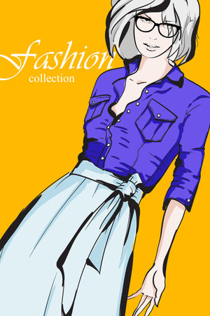 Beautiful young girl in stylish clothes. fashion woman look. sale concept. Hand-drawn fashion illustration. Cute girl in fashion clothes.のイラスト素材