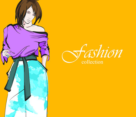 Beautiful young girl in stylish clothes. fashion woman look. sale concept. Hand-drawn fashion illustration. Cute girl in fashion clothes.のイラスト素材