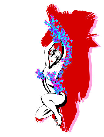 Drawing of a female body. Drawing of a nude female figure in flowers. beauty fashion female body. Vector minimalist design for wall art, print, postcard, poster.のイラスト素材