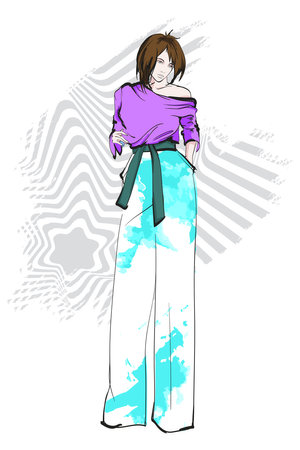 Beautiful young girl in stylish clothes. fashion woman look. sale concept. Hand-drawn fashion illustration. Cute girl in fashion clothes.のイラスト素材
