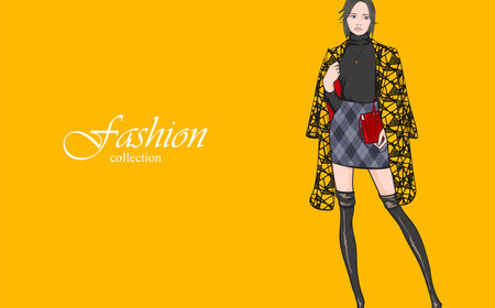 Beautiful young girl in stylish clothes. fashion woman look. sale concept. Hand-drawn fashion illustration. Cute girl in fashion clothes.のイラスト素材