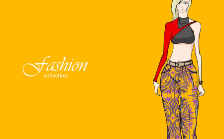 Beautiful young girl in stylish clothes. fashion woman look. sale concept. Hand-drawn fashion illustration. Cute girl in fashion clothes.のイラスト素材