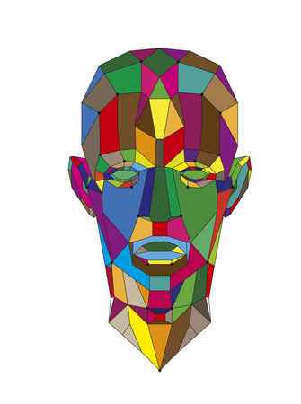 Human head created in low poly style. Man face polygon light. Intelligence allegory AI. Facial recognition system concept. biometric scanning, 3D scanning. Polygon vector wireframe concept.のイラスト素材