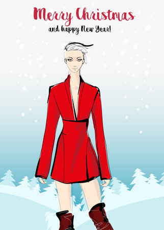 Fashionable Christmas and New Year Postcard. Beautiful young girl in stylish clothes. sale concept. Hand-drawn fashion illustration. Cute girl in fashion clothes.のイラスト素材