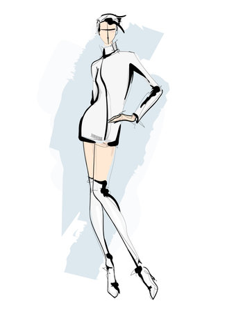 Beautiful young girl in stylish clothes. fashion woman look. sale concept. Hand-drawn fashion illustration. Cute girl in fashion clothes.のイラスト素材