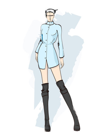 Beautiful young girl in stylish clothes. fashion woman look. sale concept. Hand-drawn fashion illustration. Cute girl in fashion clothes.のイラスト素材