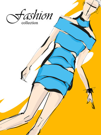 Beautiful young girl in stylish clothes. fashion woman look. sale concept. Hand-drawn fashion illustration. Cute girl in fashion clothes.のイラスト素材