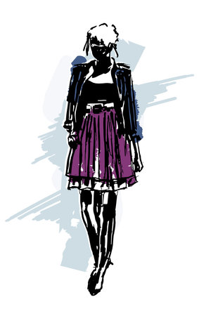 Beautiful young girl in stylish clothes. fashion woman look. sale concept. Hand-drawn fashion illustration. Cute girl in fashion clothesのイラスト素材