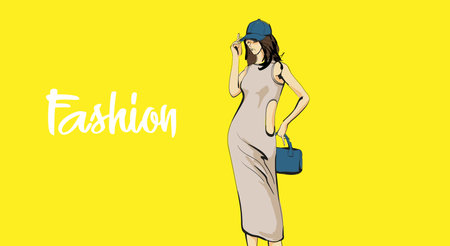 Beautiful young girl in stylish clothes. fashion woman look. sale concept. Hand-drawn fashion illustration. Cute girl in fashion clothesのイラスト素材