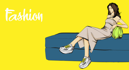 Beautiful young girl in stylish clothes. fashion woman look. sale concept. Hand-drawn fashion illustration. Cute girl in fashion clothesのイラスト素材