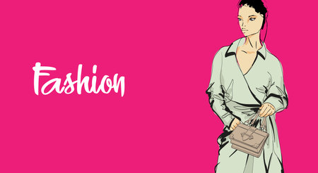 Beautiful young girl in stylish clothes. fashion woman look. sale concept. Hand-drawn fashion illustration. Cute girl in fashion clothesのイラスト素材