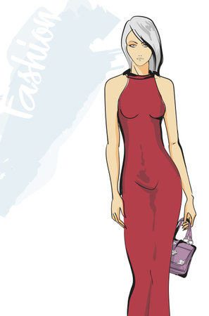 Beautiful young girl in stylish clothes. fashion woman look. sale concept. Hand-drawn fashion illustration. Cute girl in fashion clothesのイラスト素材