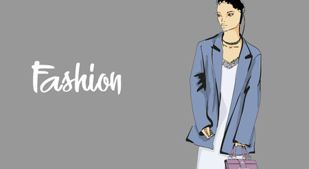 Beautiful young girl in stylish clothes. fashion woman look. sale concept. Hand-drawn fashion illustration. Cute girl in fashion clothesのイラスト素材