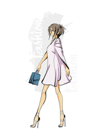 Beautiful young girl in stylish clothes. fashion woman look. sale concept. Hand-drawn fashion illustration. Cute girl in fashion clothesのイラスト素材