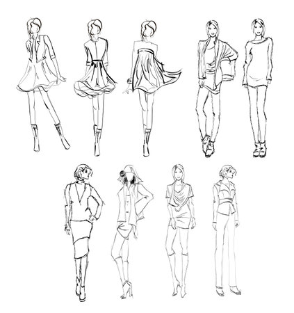 Set Beautiful young girl in stylish clothes. Fashion woman look. Sale concept. Hand-drawn fashion illustration. Cute girl in fashion clothesのイラスト素材