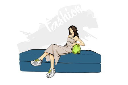 A beautiful young girl is sitting on the sofa. Fashion woman look. Sale concept. Hand-drawn fashion illustration. Cute girl in fashion clothesのイラスト素材