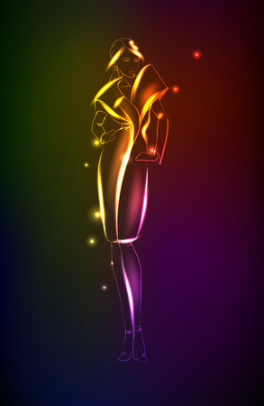 Hand-drawn fashion model from a neon. A light girl's. fashion girl.のイラスト素材