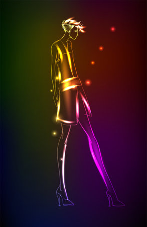 Vector Hand-drawn fashion model from a neon. A light girl's. Fashion girl.のイラスト素材