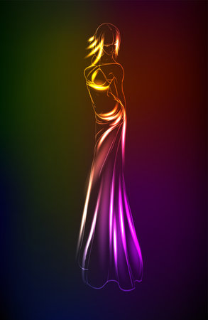 Vector Hand-drawn fashion model from a neon. A light girl's. Fashion girl.のイラスト素材