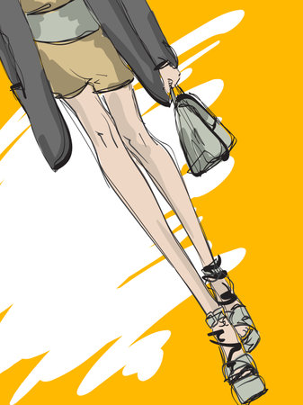 Beautiful young girl in stylish clothes. Fashion woman look. Sale concept. Hand-drawn fashion illustration. Cute girl in fashion clothes.のイラスト素材