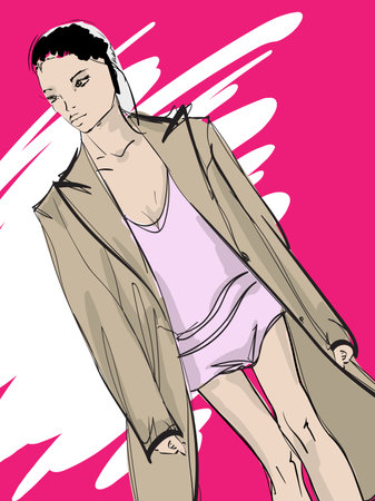 Beautiful young girl in stylish clothes. Fashion woman look. Sale concept. Hand-drawn fashion illustration. Cute girl in fashion clothes.のイラスト素材