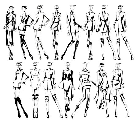 Beautiful young girl in stylish clothes. Fashion woman look. Sale concept. Hand-drawn fashion illustration. Cute girl in fashion clothes.のイラスト素材