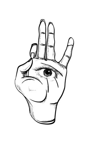 Vector illustration of mystic Hamsa all-seeing eye in hand symbol. Sketch drawing in vintage styleのイラスト素材