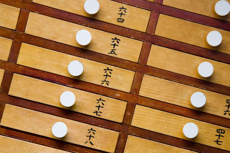 Close up of wooden trays at a Japanese temple