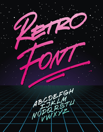 Retro font on light grid background. Vector alphabet