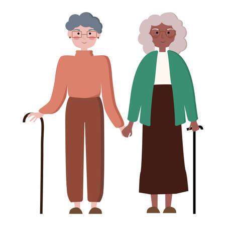 Couple of happy multiracial grandmothers walking holding handsのイラスト素材