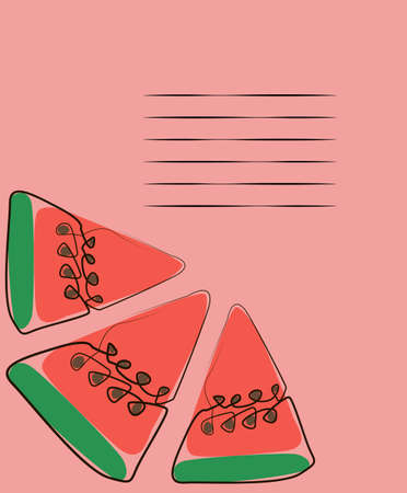 Exotic watermelon , collected in a composition on a pink background. Natural floral . Postcard for your text. Vector greeting card for your design.Frame for your text on floral backgroundのイラスト素材