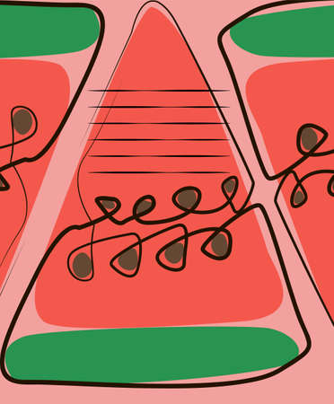 Exotic watermelon , collected in a composition on a pink background. Natural floral . Postcard for your text. Vector greeting card for your design.Frame for your text on floral backgroundのイラスト素材