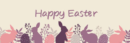 Easter design with eggs, bunnies and flowers in pastel colors. Horizontal poster. Happy Easter...
