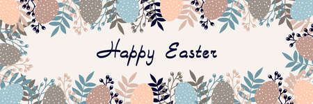 Easter design with eggs and flowers in pastel colors. Horizontal poster. Happy Easter greetings text. Design for title for the site ,banner, poster, card, paper print, postcard, backgroundのイラスト素材