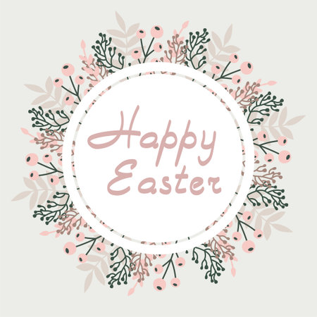 Easter greeting frame.Vector illustration with flowers and Easter eggs. Happy Easter greetings text. Design for web, site, banner, poster, card, paper print, postcard, flyer. Vector illustrationのイラスト素材