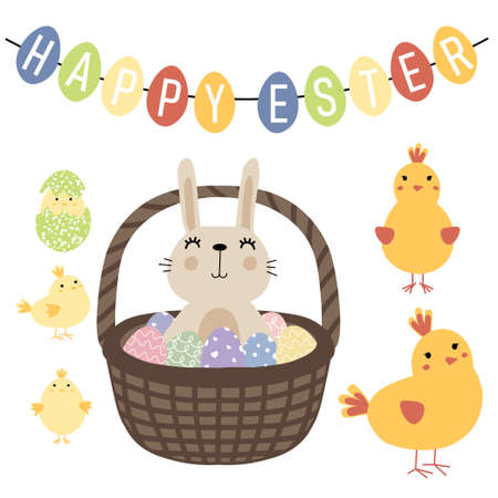 Easter set with a basket of eggs and a rabbit, a chicken with little chick. Happy Easter greetings text. Design for title for the site ,banner, poster, card, paper print, postcard, backgroundのイラスト素材