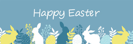 Easter design with eggs, bunnies and flowers in pastel colors. Horizontal poster. Happy Easter...