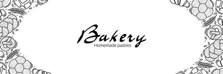 Trendy Vector horizontal background for bakery or cafe.Illustrations of buns,bread,baguette,and other pastries for packaging,labels,or signage.Line Art of food for banner, flyer or menu.Lettering.のイラスト素材