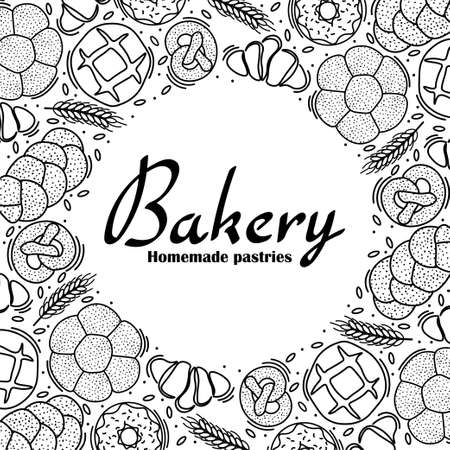 Trendy vector design for bakery or cafe.Illustrations of buns, bread,baguette, and other pastries for packaging, labels,or signage.Line art illustration of food for banner,flyer or menu.Lettering.のイラスト素材