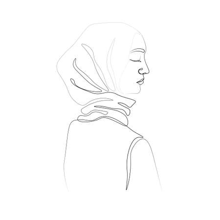 Continuous line driving of a Muslim womans facial profile sen from the side. Vector illustration isolated on white background, line art.のイラスト素材