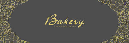 Trendy Vector horizontal background for bakery or cafe.Illustrations of buns,bread,baguette,and other pastries for packaging,labels,or signage.Line Art of food for banner, flyer or menu.Letteringのイラスト素材