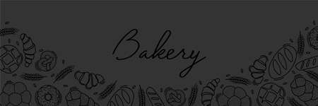 Trendy Vector horizontal background for bakery or cafe.Illustrations of buns,bread,baguette,and other pastries for packaging,labels,or signage.Line Art of food for banner, flyer or menu.Letteringのイラスト素材